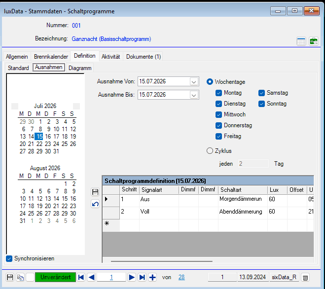 luxData.licht: Stammdatenformular für ein Schaltprogramm mit Brennkalender, Wochentagen und Dämmerungswerten