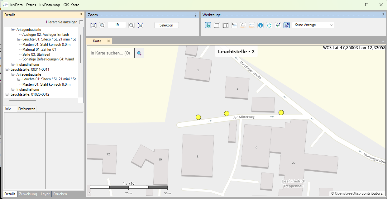 luxData.pro – GIS-Karte mit Hierarchie-Ansicht der Leuchtstellen