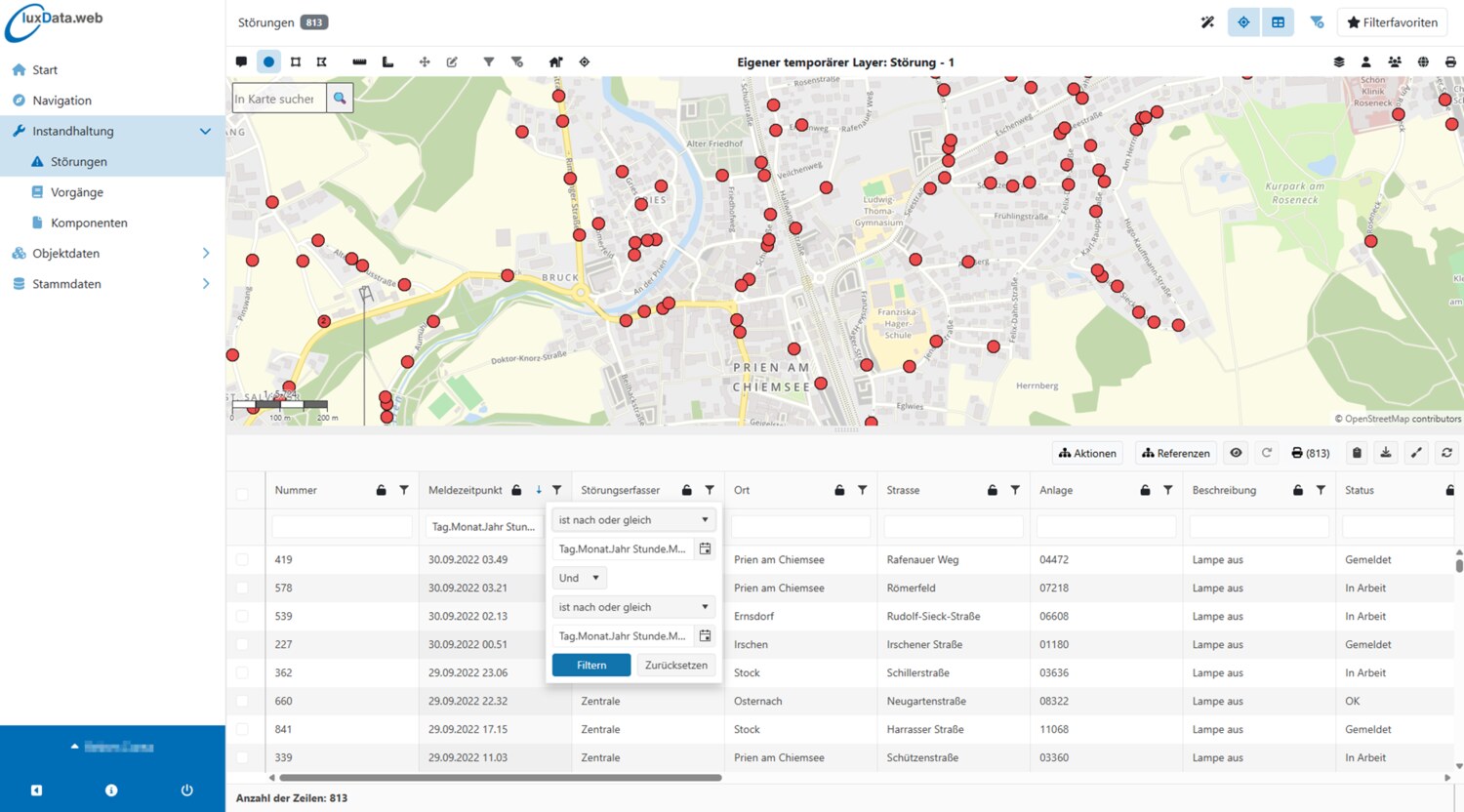 luxData.web – Störungsübersicht mit Karte und Tabelle im Browser